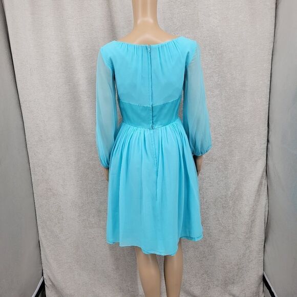Vintage 60s Bright Blue Fairycore Midi Dress Corset Bodice Long Sleeves Chiffon - Picture 8 of 13